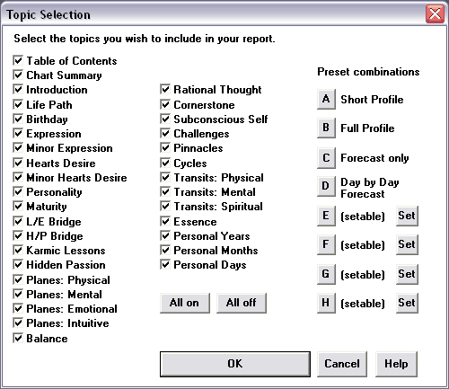 Topics dialog button for numerology software 