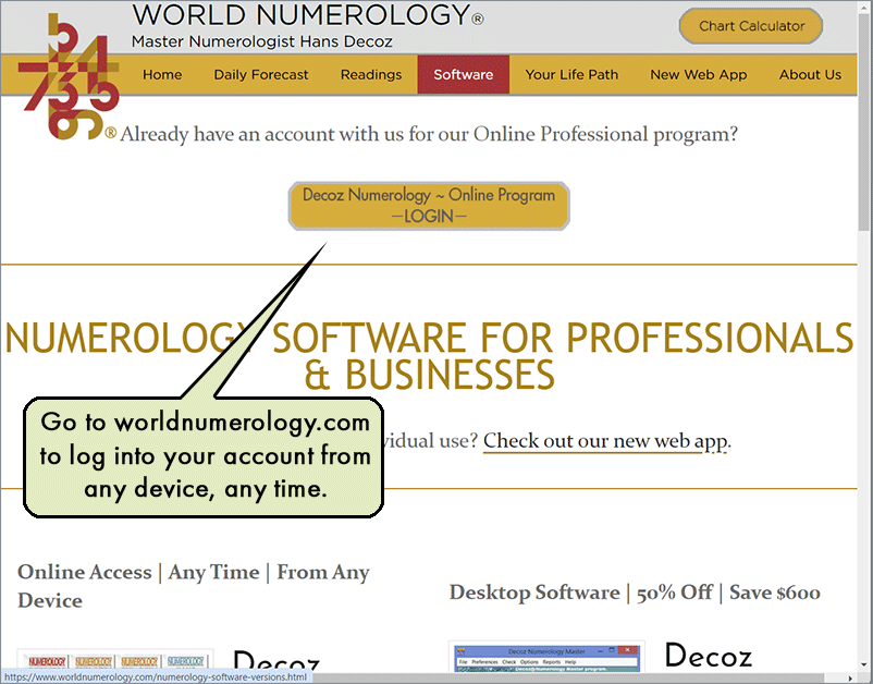 Log in to access your Online Professional Numerology account