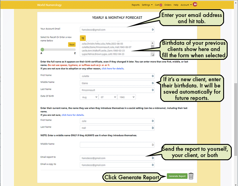 After filling out the form, click Generate Reading