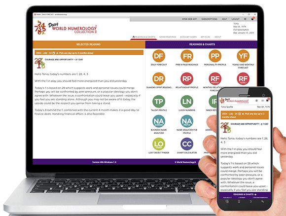 The World Numerology app Readings page offers easy access to all 18 of your readings and charts
