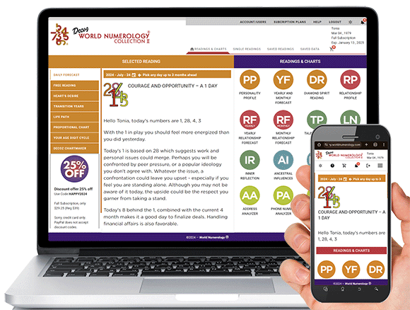 The World Numerology app Readings page offers easy access to all 18 of your readings and charts