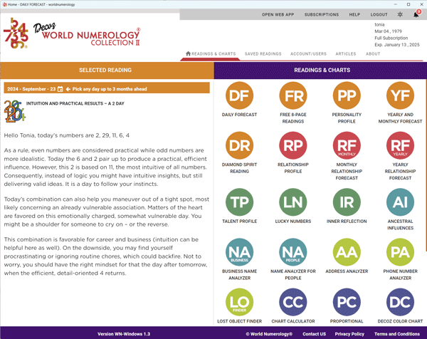The World Numerology app, with 20 Readings and Charts